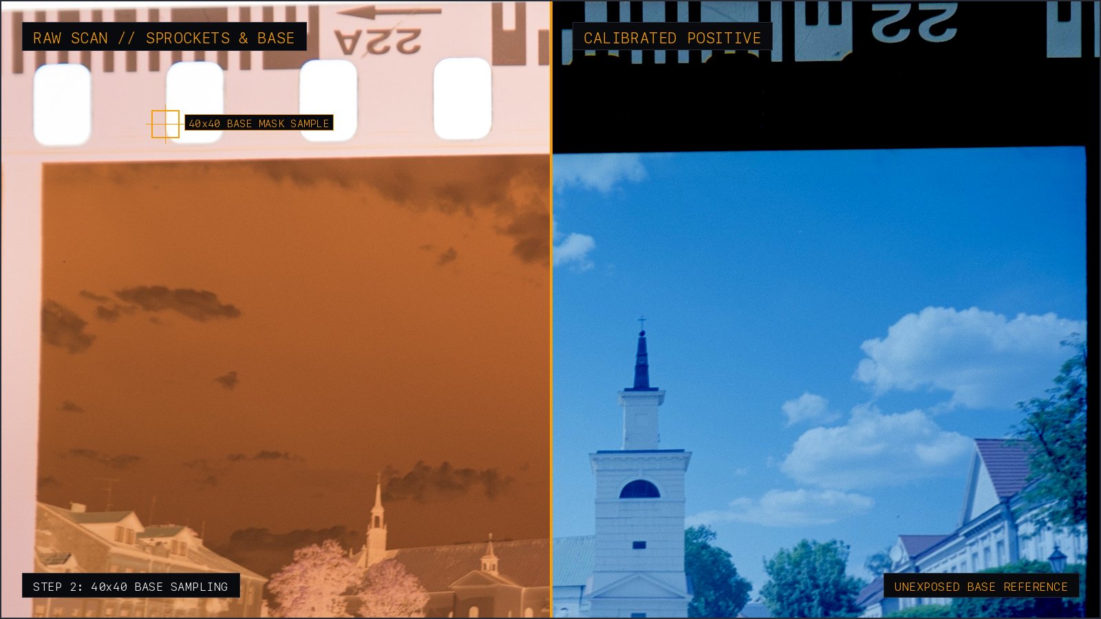 Overhead camera scanning setup showing a 35mm color negative backlit on an LED light source with unexposed borders and sprocket holes clearly visible