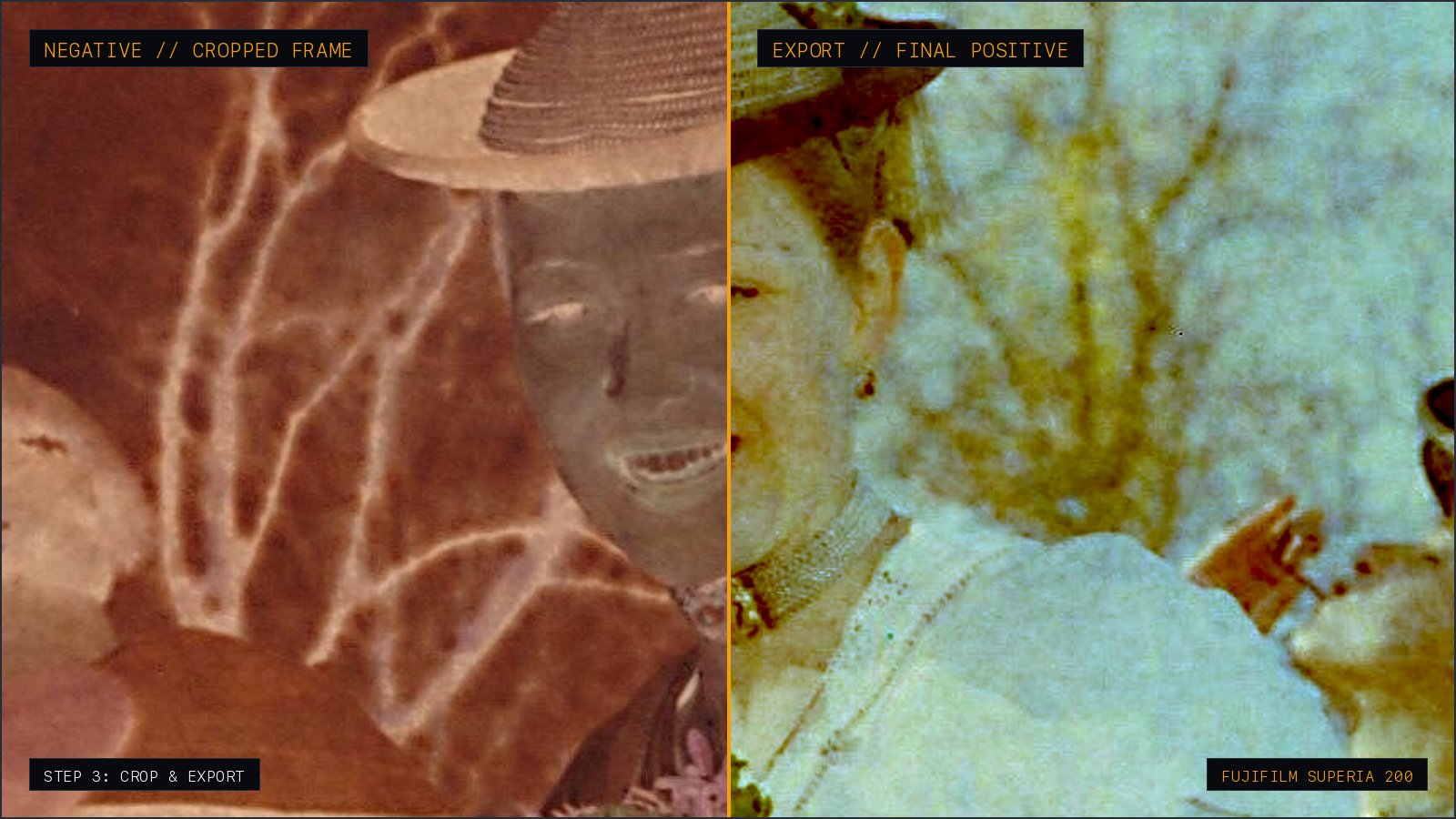 Side-by-side comparison of an unprocessed raw orange negative scan on the left versus the fully inverted and color-corrected positive portrait on the right