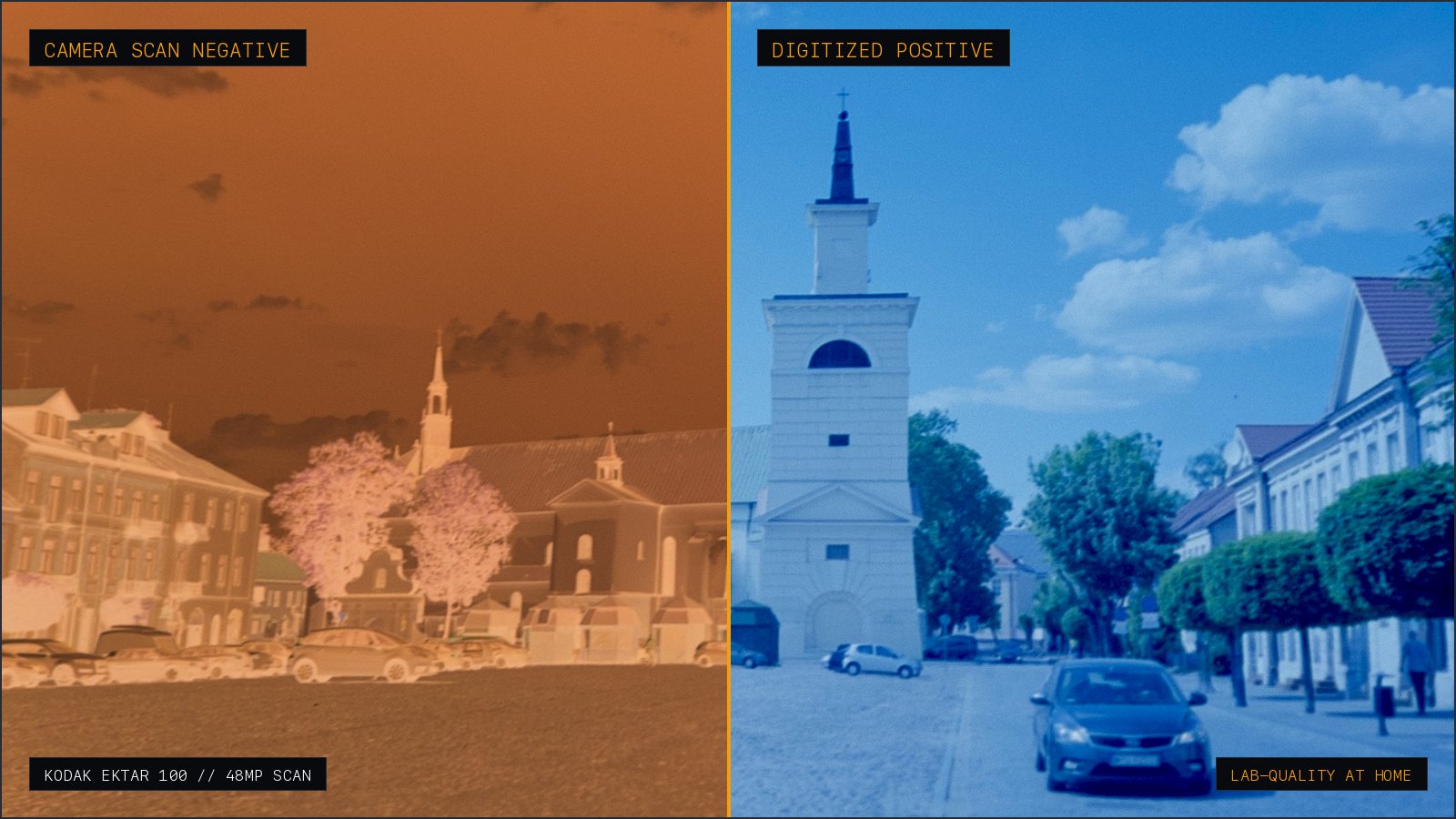 Side-by-side comparison of camera-scanned Kodak Ektar 100 negative on the left and balanced digital positive on the right