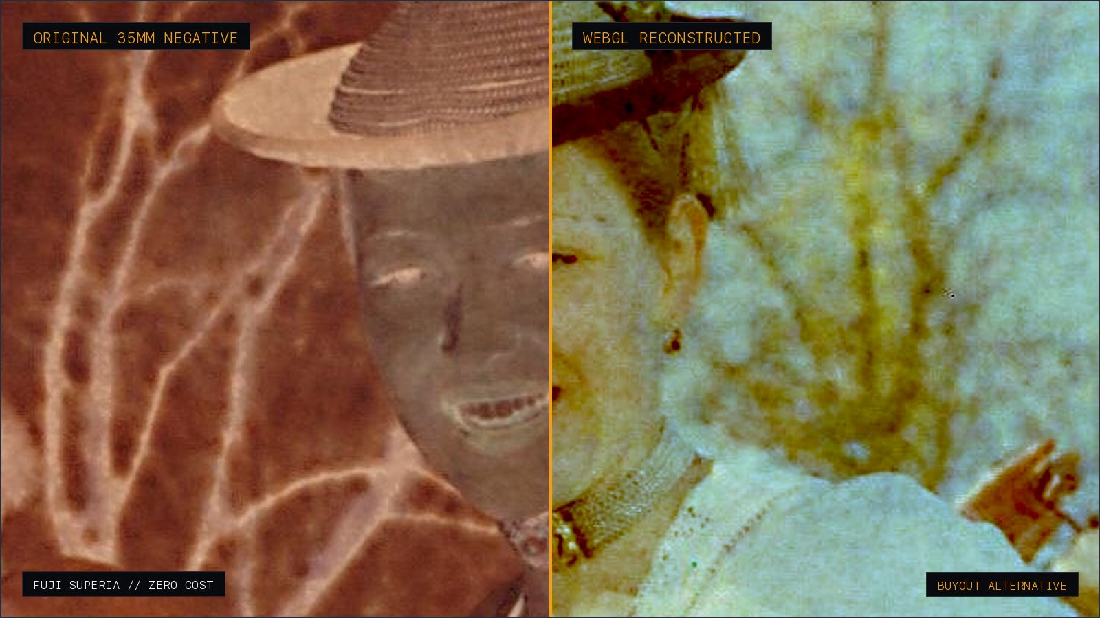 Side-by-side comparison of 35mm Fuji Superia 200 raw negative on the left and WebGL logarithmic color reconstruction on the right