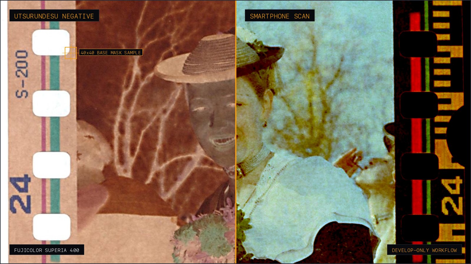 A backlit 35mm color negative strip from a disposable camera compared side-by-side with its digital positive conversion